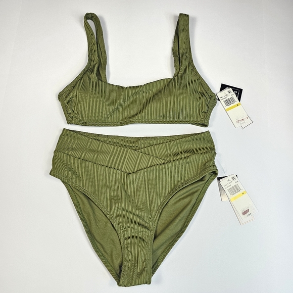 Salt + Cove Women's Juniors' Ribbed Two-Piece Bikini Set Green Swimwear Size M - Picture 2 of 16